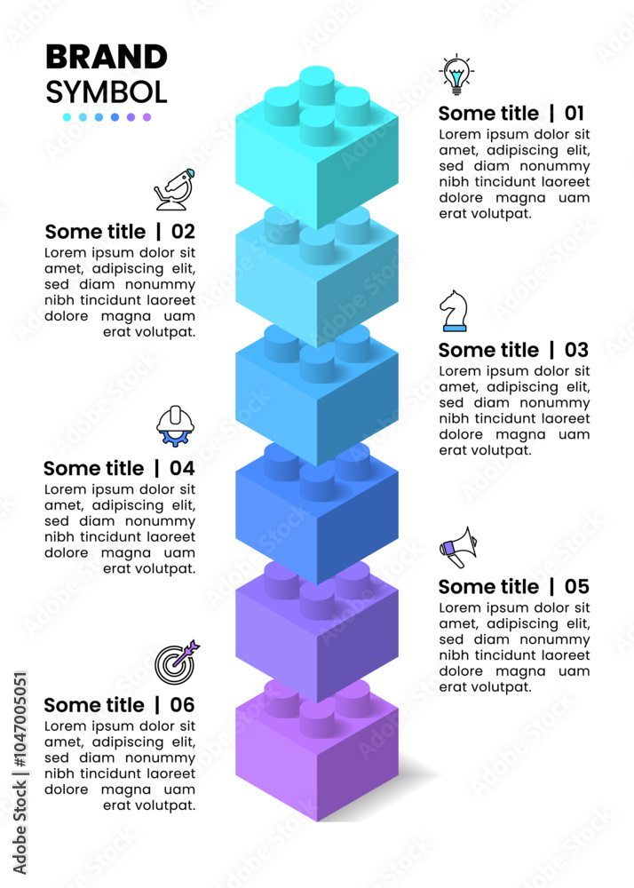 Fototapete infographic template. vertical line with 6 building blocks