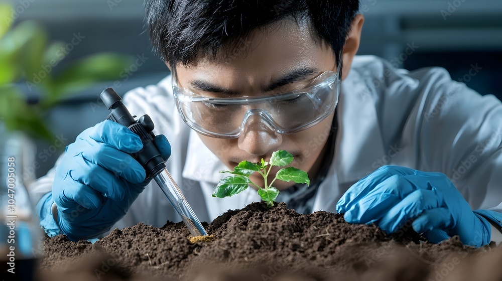 Poster asian geotechnical engineer conducting soil sample analysis and examination in scientific laboratory