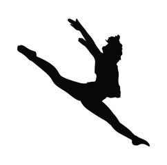Vector, black silhouette of young ballerina. Side view. Motives of ballet, performance, contemporary art, gymnastics, theater