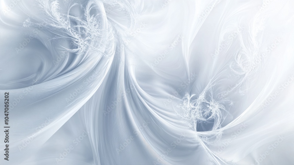 Poster frosty abstract winter background with swirling ice patterns and delicate snowflakes, isolated on wh