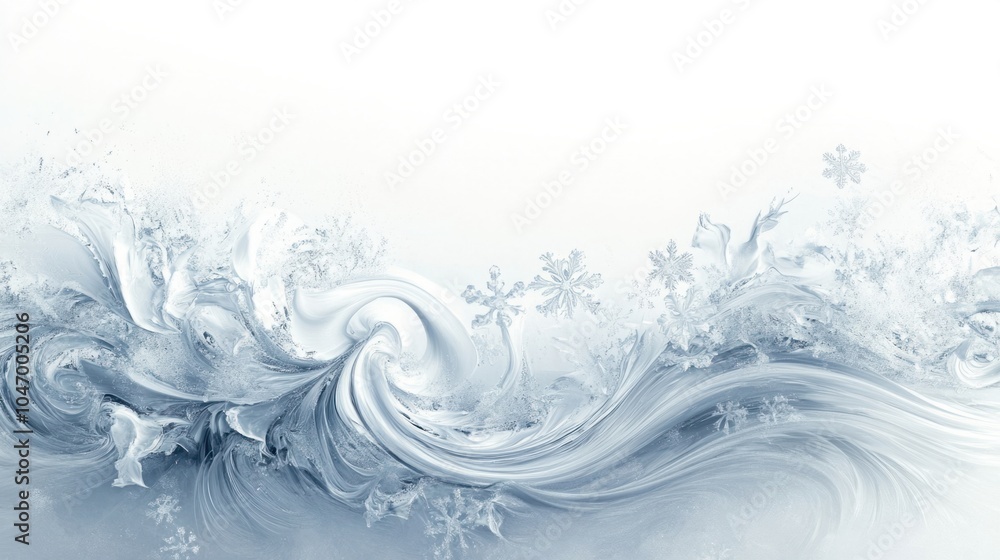 Poster frosty abstract winter background with swirling ice patterns and delicate snowflakes, isolated on wh