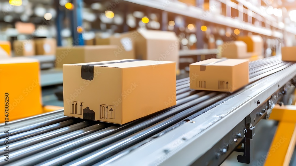 Poster Automated Parcel Boxes Moving on Conveyor Belt in Modern Shipping and Logistics Facility  Efficient Workflow and Distribution of Goods and Packages