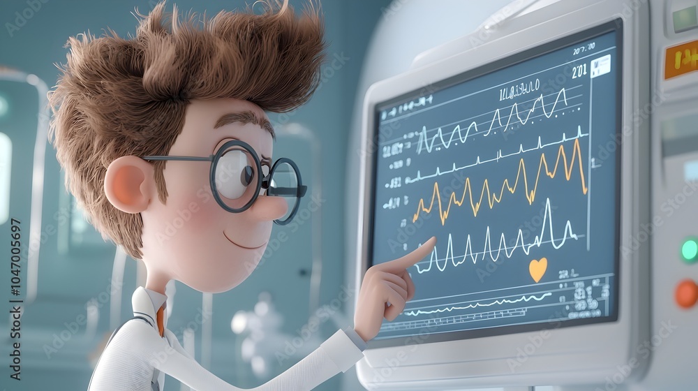 Poster biomedical engineer adjusting cartoon heart monitoring screen for healthcare analytics and treatment