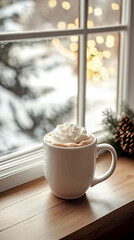 Vertical photo of a hot chocolate with cream on top in front of a bright window with winter snowy landscape views