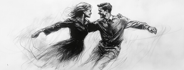 Fototapeta premium Black charcoal pencil drawing of a young active couple dancing in white background with live performance