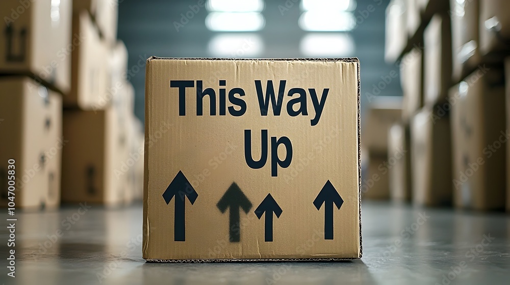 Aufkleber cardboard parcel box with printed this way up arrows on the sides indicating the proper orientation 