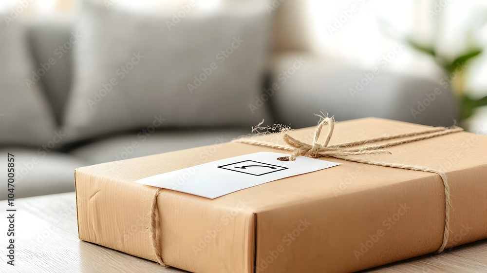 Poster cardboard parcel box with visible shipping tracking information label on the top this image represen