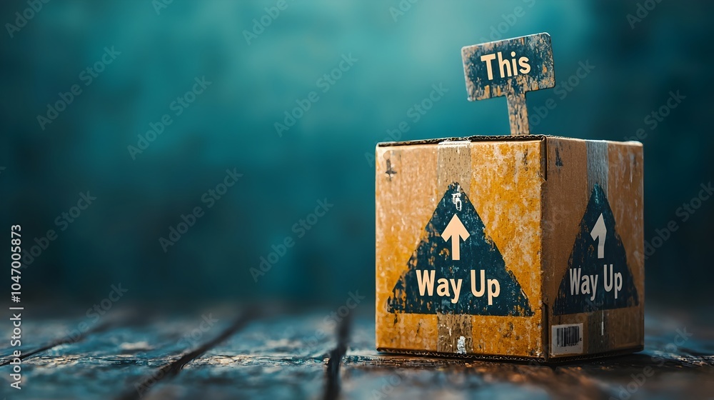 Poster cardboard parcel box with printed this way up arrows for shipping logistics and delivery purposes th
