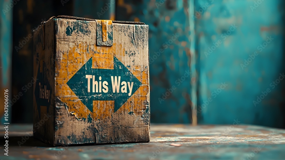Poster cardboard parcel box with this way up arrows printed on the sides indicating the proper orientation 