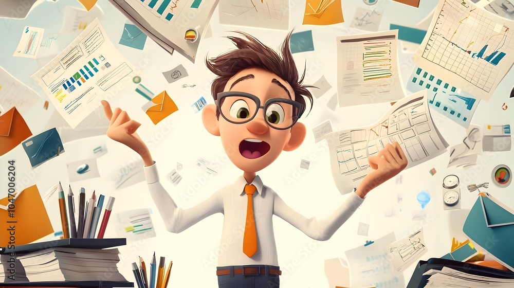 Aufkleber Cartoon Data Engineer Organizing Floating Files Graphs and Diagrams in the Air with Creative Digital Workspace