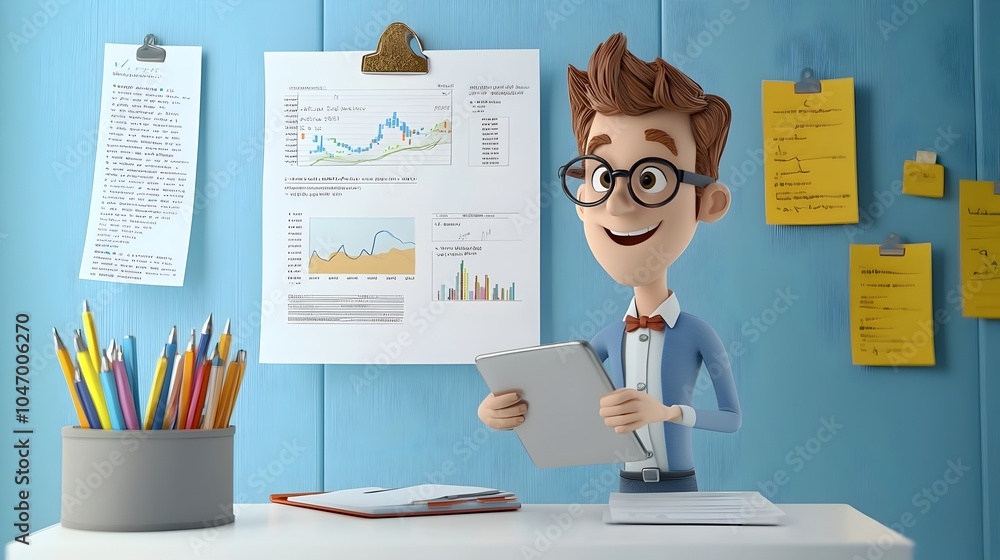 Leinwandbilder Cartoon data engineer viewing and analyzing charts graphs and data visualizations on clay laptops and papers in a creative innovative office workspace