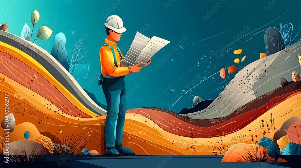 Poster cartoon geotechnical engineer examining detailed colorful layers of earth on textured geological map