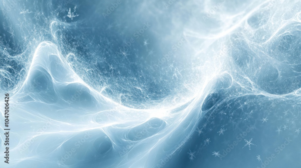 Poster winter abstract design with shimmering snowflakes and soft glowing blue light, creating a frosty amb