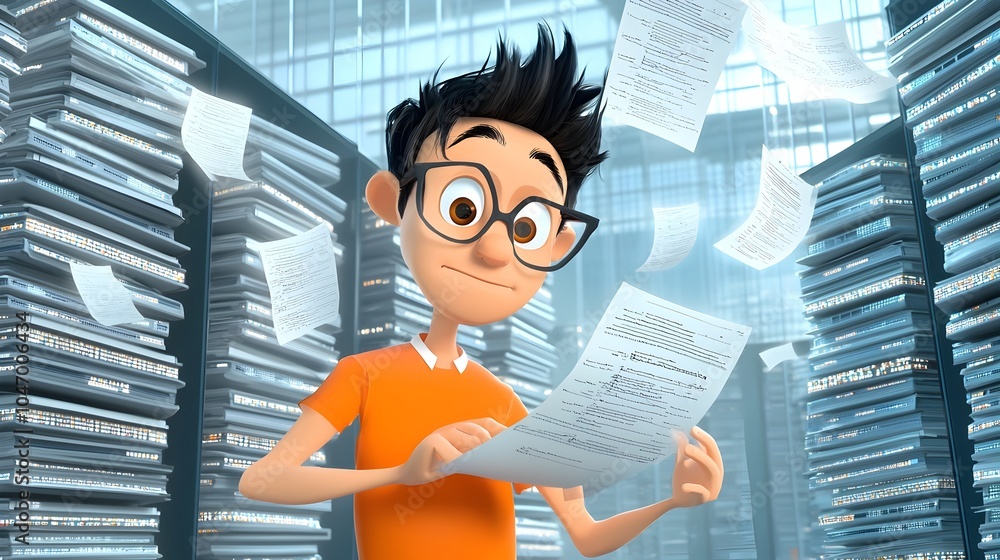 Poster Cartoon of a Data Engineer Analyzing Data and Interacting with Stacks of Servers Files and Floating Digital Charts in a Futuristic Tech Workspace