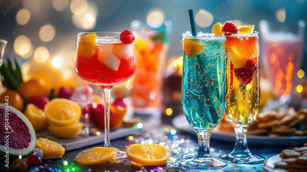 Aufkleber a vibrant assortment of colorful cocktails garnished with fruit slices is set on a table alongside d