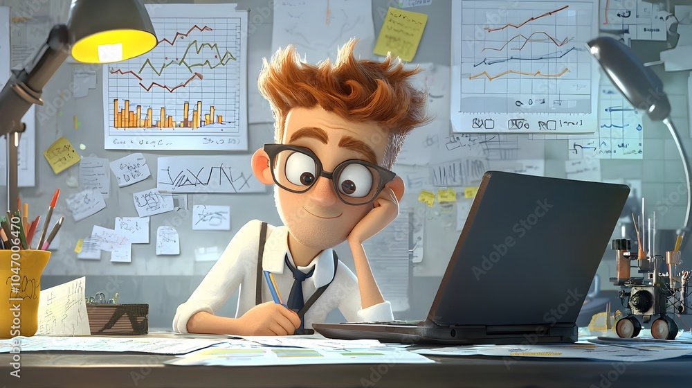 Poster Cartoon of a data engineer or analyst viewing charts graphs and data visualizations on clay laptops and papers representing technology analytics and information processing in a creative