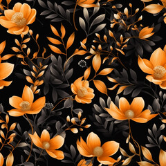 Seamless pattern with flowers Seamless pattern with autumn botanical, elegant floral composition on dark background. Old fashioned botanical print, vintage surface design with autumn forest, small
