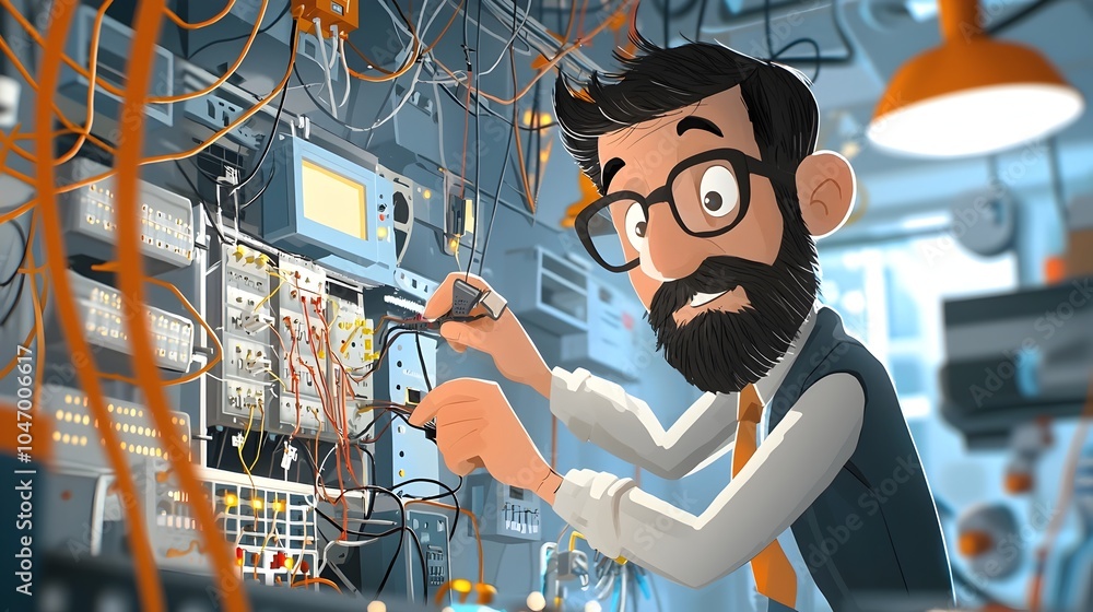 Aufkleber cartoon of a telecommunications engineer adjusting wires and network switches to optimize connectivi