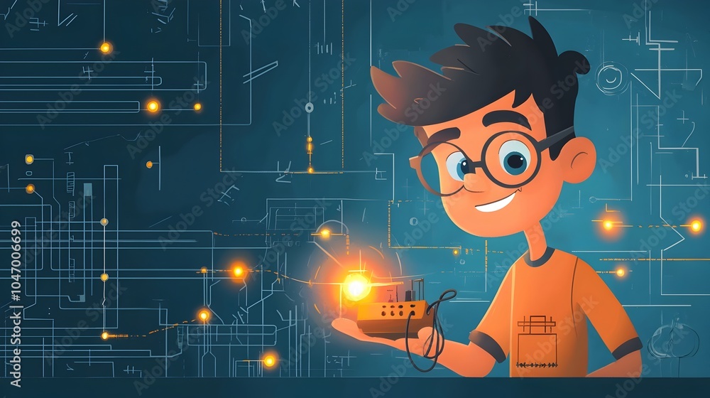 Aufkleber Cartoon of an electrical engineer adjusting and maintaining a glowing power circuit demonstrating technical skill and problem solving in the field of electrical engineering and technology