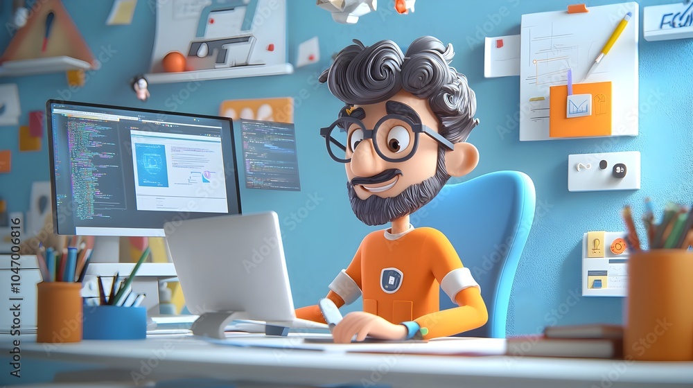 Aufkleber Cartoon software engineer working creatively in a vibrant three dimensional clay office with floating digital screens showcasing a modern and innovative workplace for technology and programming