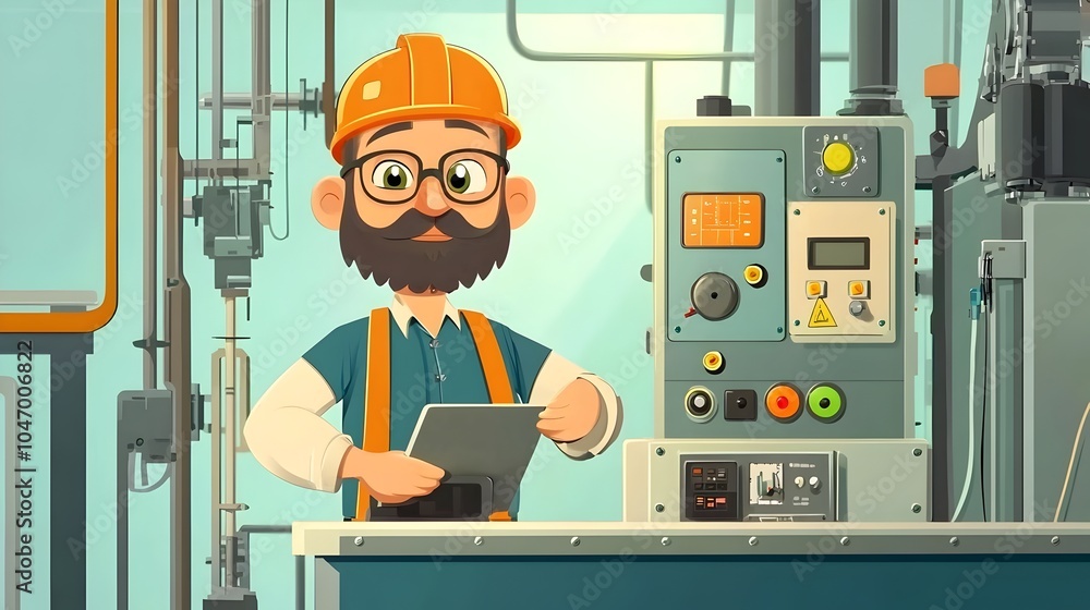 Poster cartoon of an industrial engineer operating a cartoon factory machine with flashing buttons represen