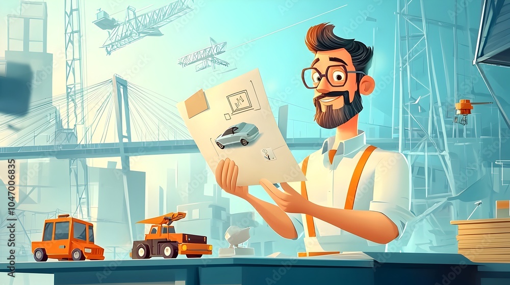 Poster Cartoon Structural Engineer Carefully Designing a Toy Like Bridge Model for Construction and Infrastructure Development