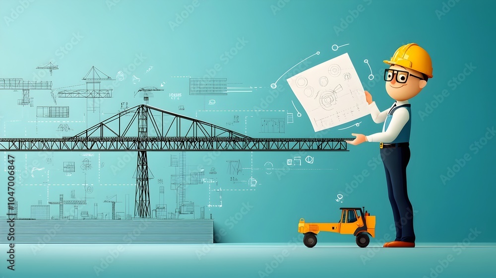 Poster Cartoon structural engineer working with a toy like bridge model showcasing their expertise in architectural design engineering and project planning
