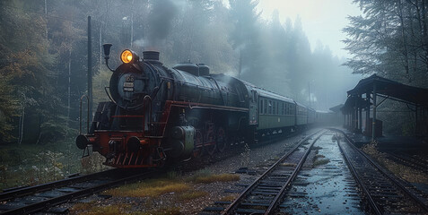 Naklejka premium An old train at station in the forest. at dawn with mist and light fog.