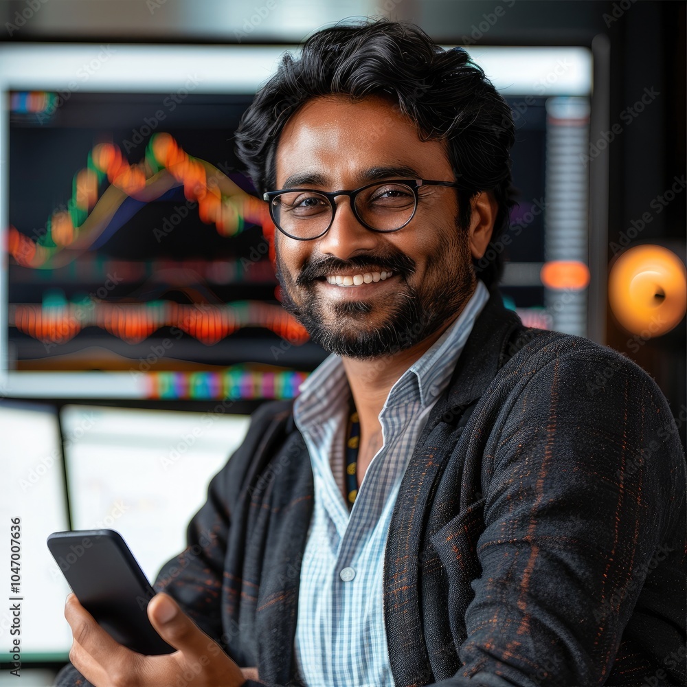 Poster A happy Indian stock trader smiling, holding a phone in one hand ,with a computer screen in the background showing a profitable stock chart.
