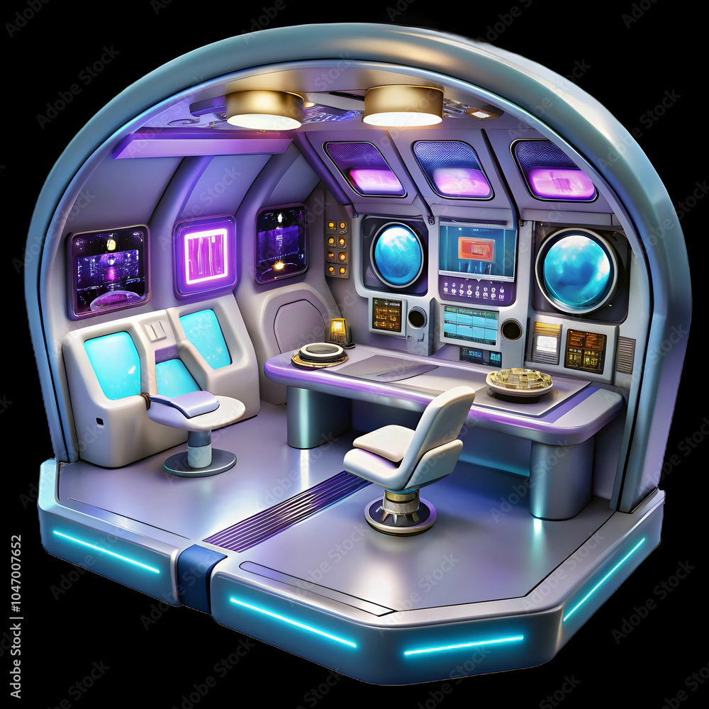 Poster futuristic glossy spaceship interior design with illuminated control panels and copy space for scien