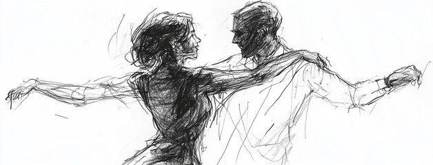 Black charcoal pencil drawing of a young active couple dancing in white background with live performance
