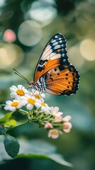 Obraz premium Butterfly feeding on white flower in lush green garden