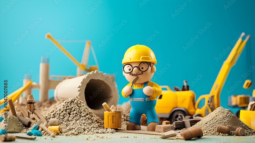 Poster civil engineer supervising detailed 3d clay model of miniature construction site for urban infrastru