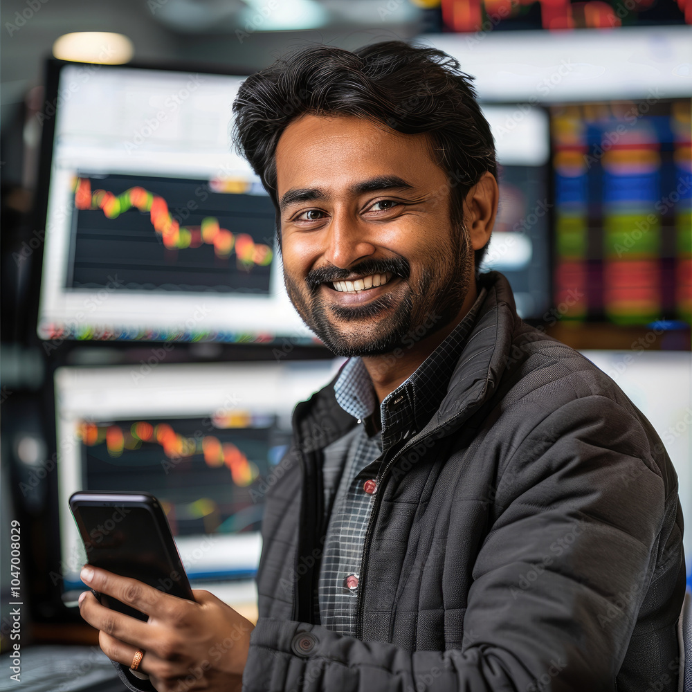 Aufkleber A happy Indian stock trader smiling, holding a phone in one hand ,with a computer screen in the background showing a profitable stock chart.