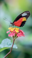 Obraz premium Colorful postman butterfly perched on lantana flower feeding on nectar