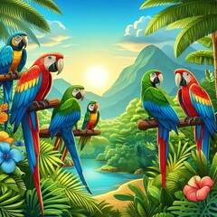 Illustration of a tropical rainforest with parrots.