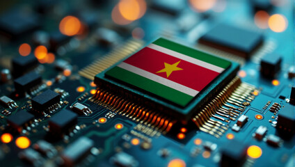 A Suriname themed chip is embedded on a circuit board with illuminated pathways, highlighting innovation in electronics and cutting-edge hardware.