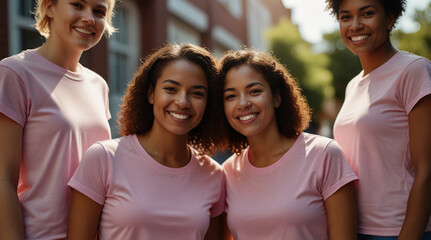 Group of women wearing clear blank pink t shirts on the sunny street. Breast Cancer Awareness. Cancer Survivors and support community.
