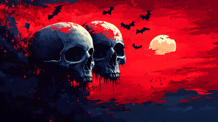 Abstract modern Halloween printables with skulls and bats, designed with bold lines and contemporary elements