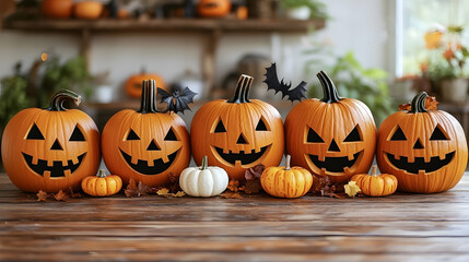Obraz premium Monochrome Halloween printables with sleek jack-o-lantern faces and modern graphic elements for posters
