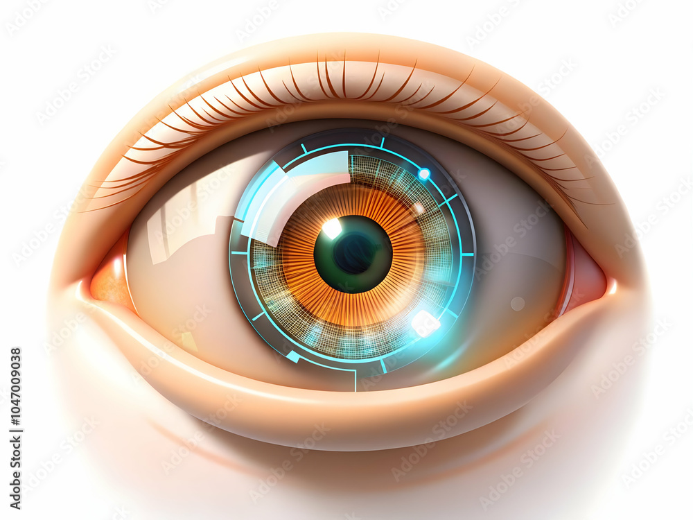 Poster macro shot of human eye reflecting digital data and binary code in iris, symbolizing human-technolog