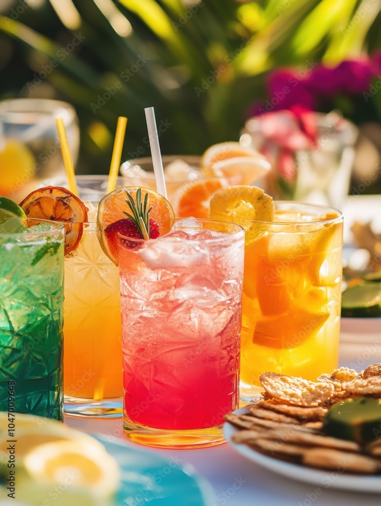 Poster brightly colored cocktails sit on a table adorned with snacks and fruit slices, creating a cheerful 