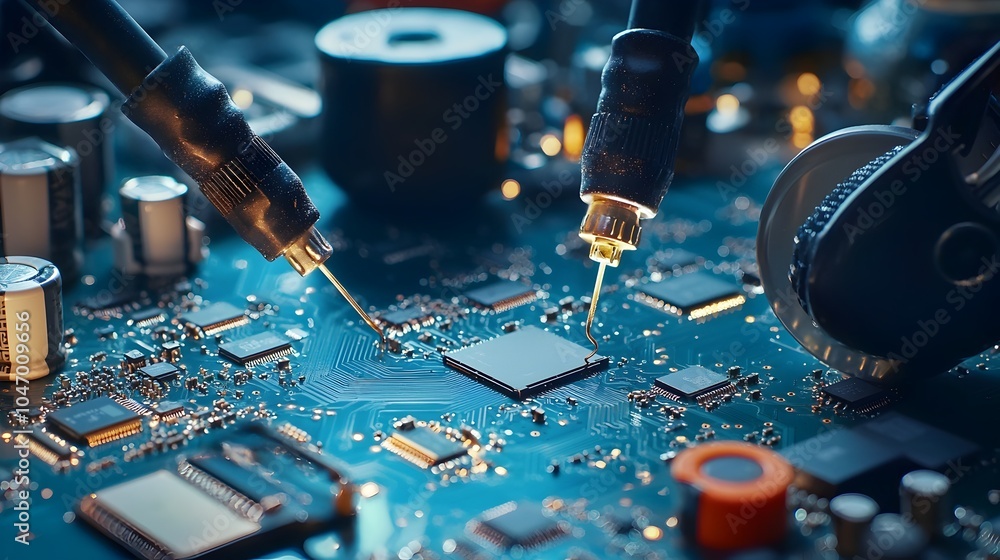 Fototapete close up image of assorted circuit boards soldering iron and other electronic equipment neatly arran