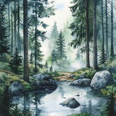 Obraz premium Hand-painted Watercolor Forest Landscape with Stream and Rocks, Hiking Trail in Nature