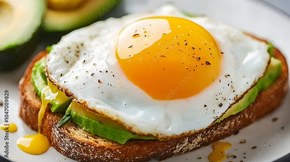Poster close up of a perfectly cooked poached egg served on a slice of avocado toast making for a delicious