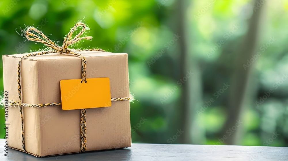 Poster close up view of a cardboard parcel box with a visible shipping label representing the delivery and 