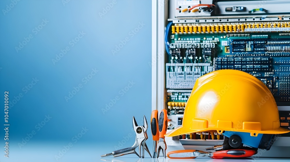 Poster Close up view of a control engineer s hardhat and a set of essential industrial tools placed next to a programmable logic controller PLC system