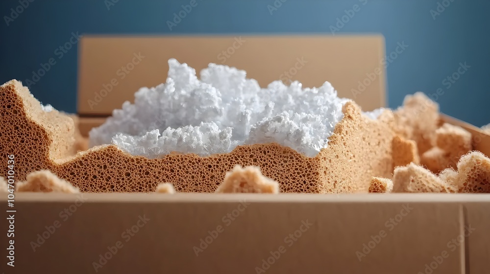 Poster Close up view of a fragile and delicate item nestled inside a parcel box surrounded by foam padding for secure and careful transportation and delivery