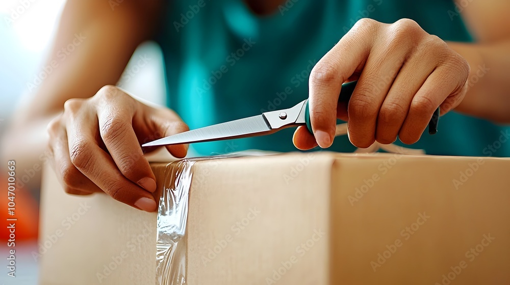 Poster Close up view of a person s hands using scissors to open and unbox a parcel or package revealing the contents inside  The image captures the anticipation and excitement of the unpacking process