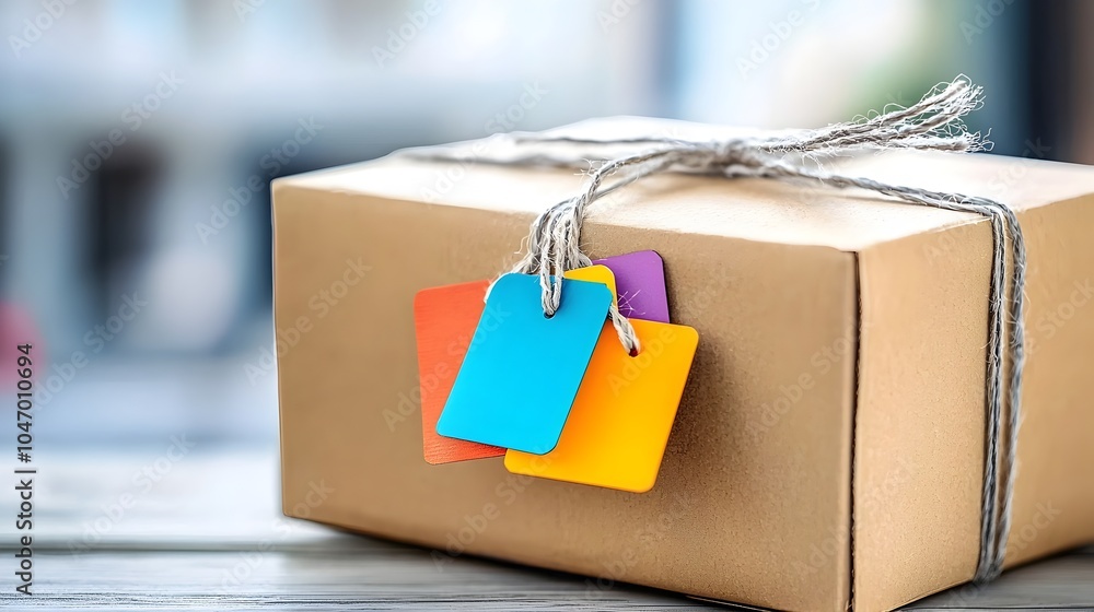 Poster close up view of a sealed cardboard package or parcel box with colorful shipping labels stickers and
